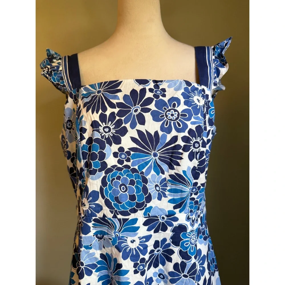 Tahari ASL BlueWhite Floral Ruffle  Cutout Fit Flare Dress 12 boho whimsi dainty - Picture 3 of 9